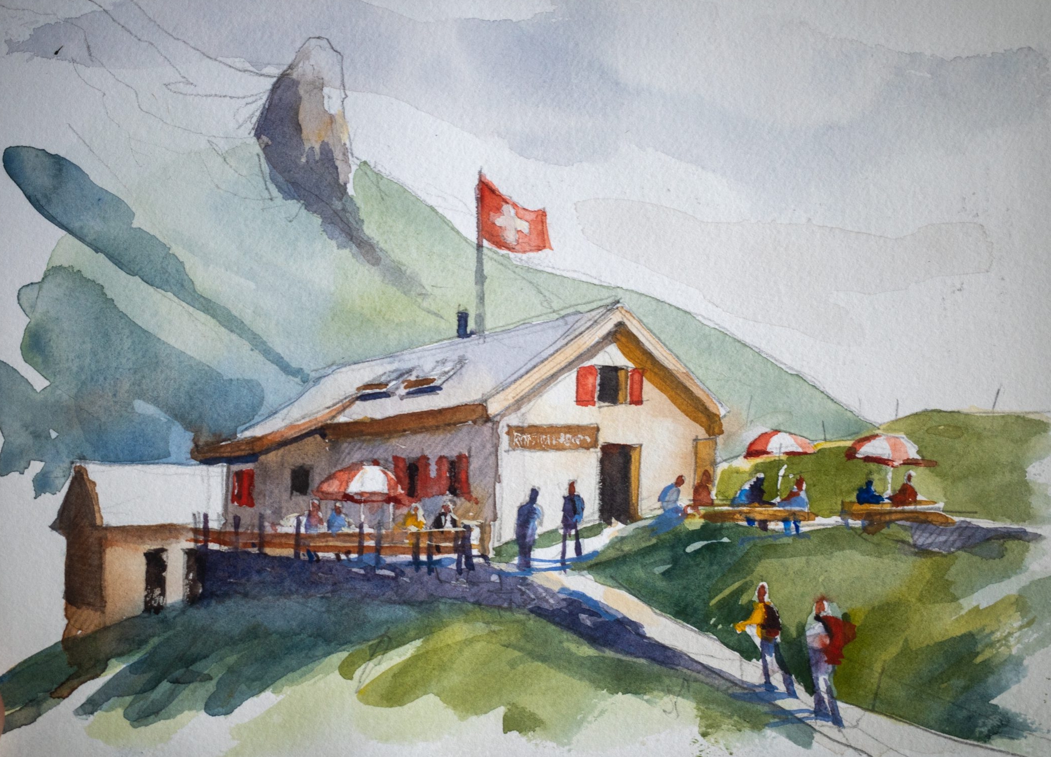 Rotstockhutte. Aquarel van Jos Antens
